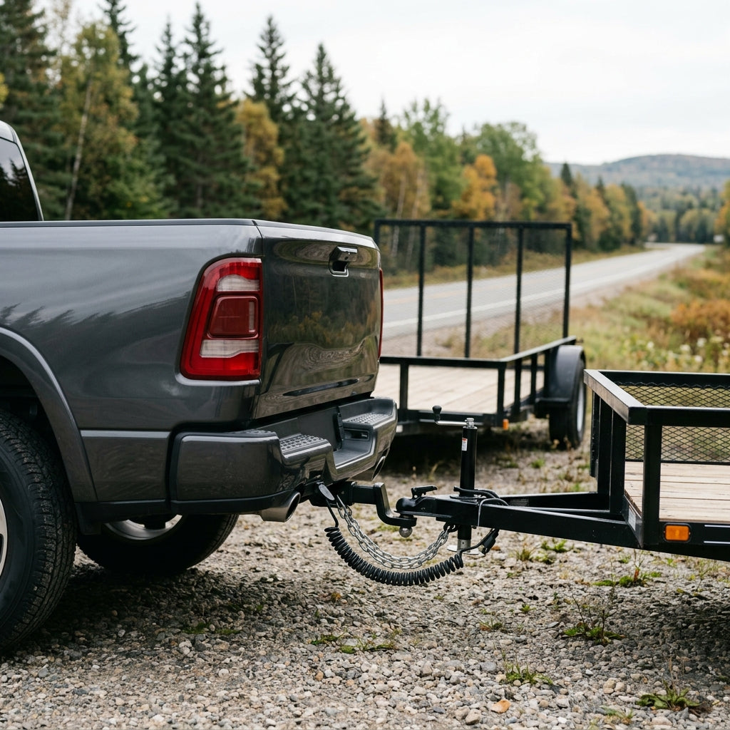 Pickup truck with a receiver hitch towing a utility trailer on a gravel shoulder