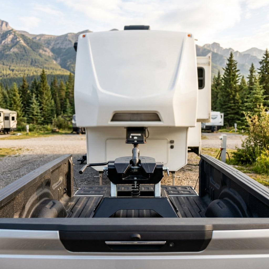 Fifth wheel hitch mounted in a pickup truck bed coupled to an RV trailer
