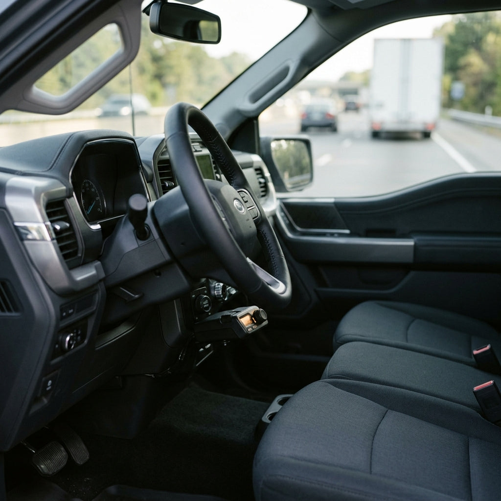 Electronic trailer brake controller mounted under the dash of a pickup truck