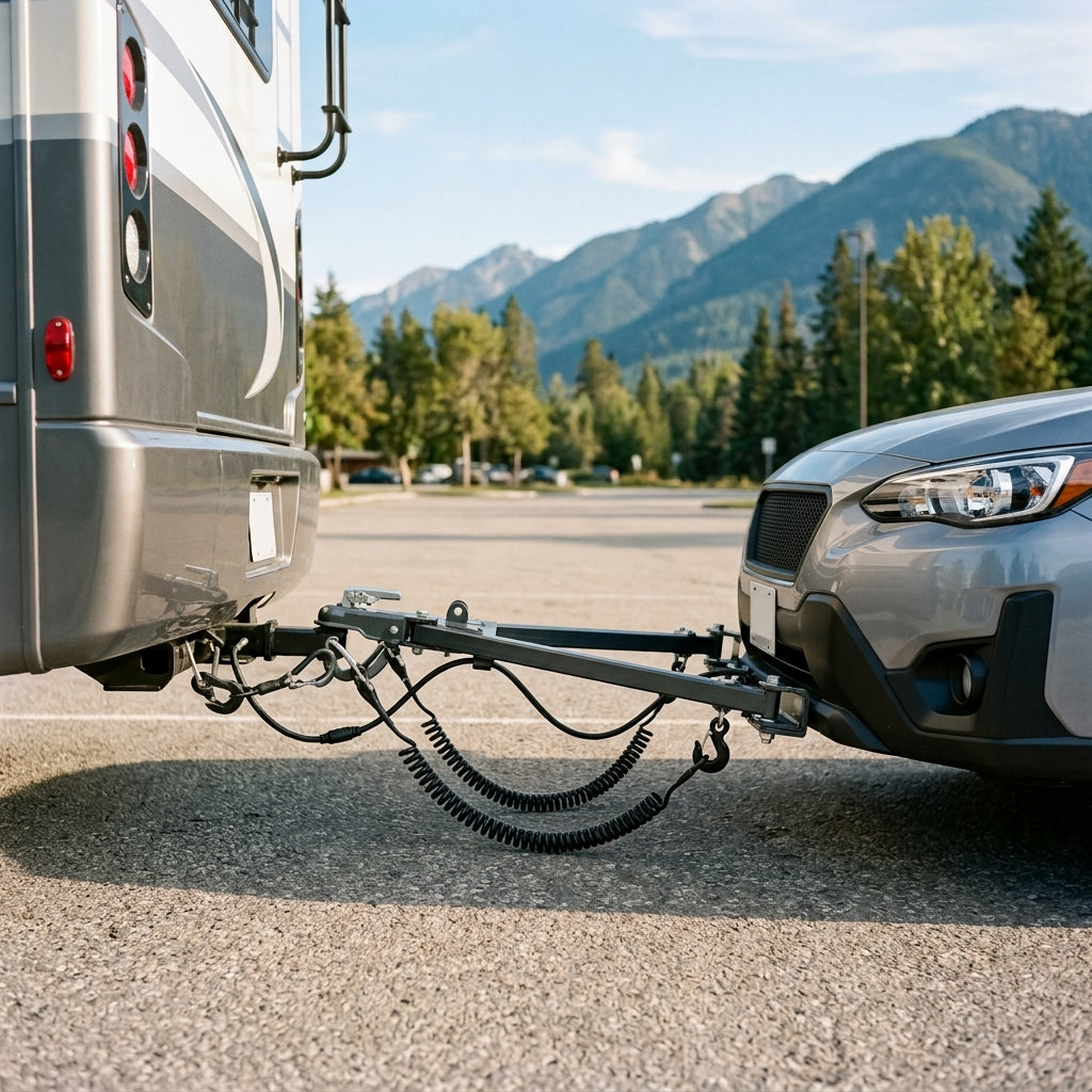 Tow bar connecting a motorhome to a compact SUV being flat towed