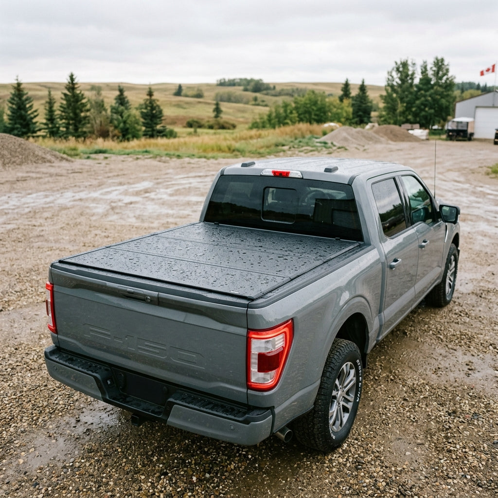 Pickup truck with a folding tonneau cover closed over the bed