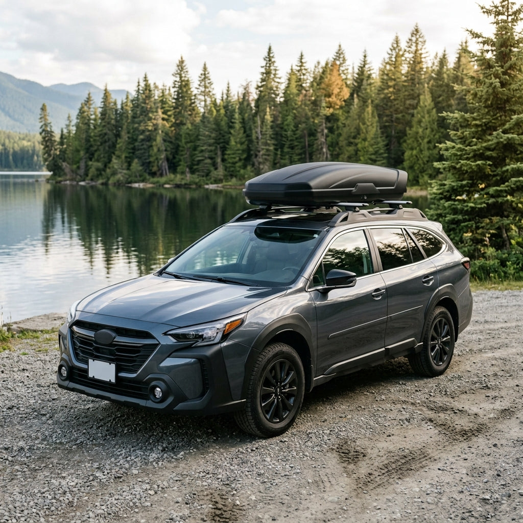 SUV fitted with roof crossbars and a cargo box parked beside a lake