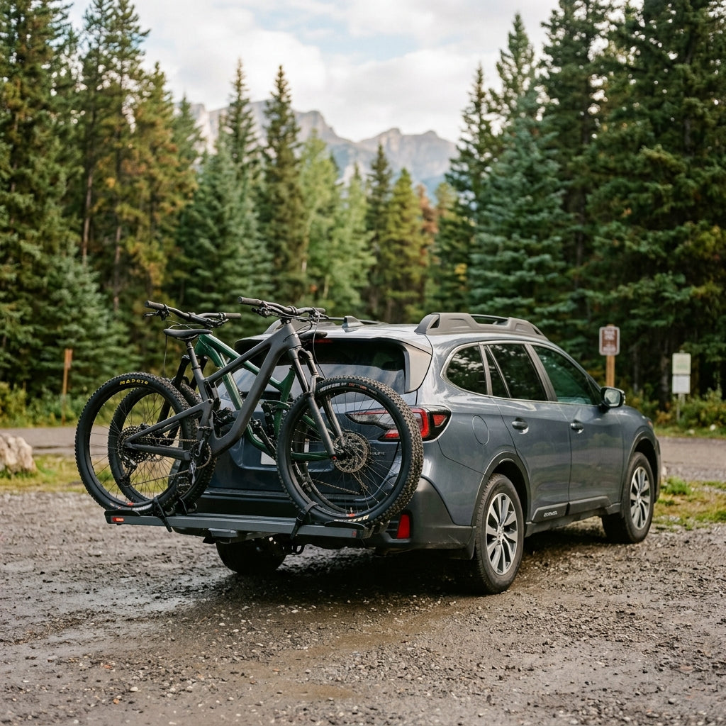 Hitch-mounted platform bike rack carrying two mountain bikes on an SUV at a trailhead